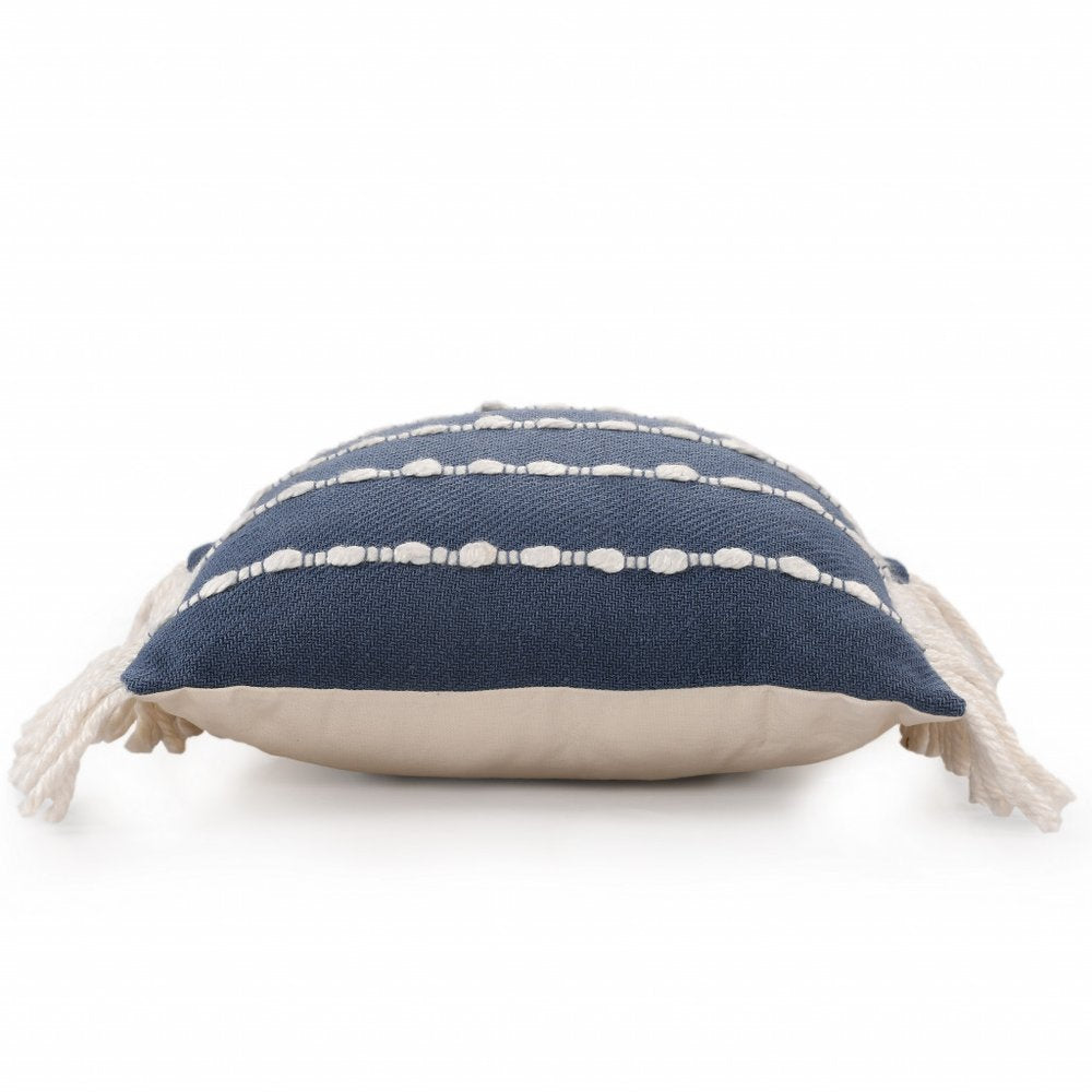 20" Navy Blue And Ivory Cotton Striped Throw Pillow with Fringe