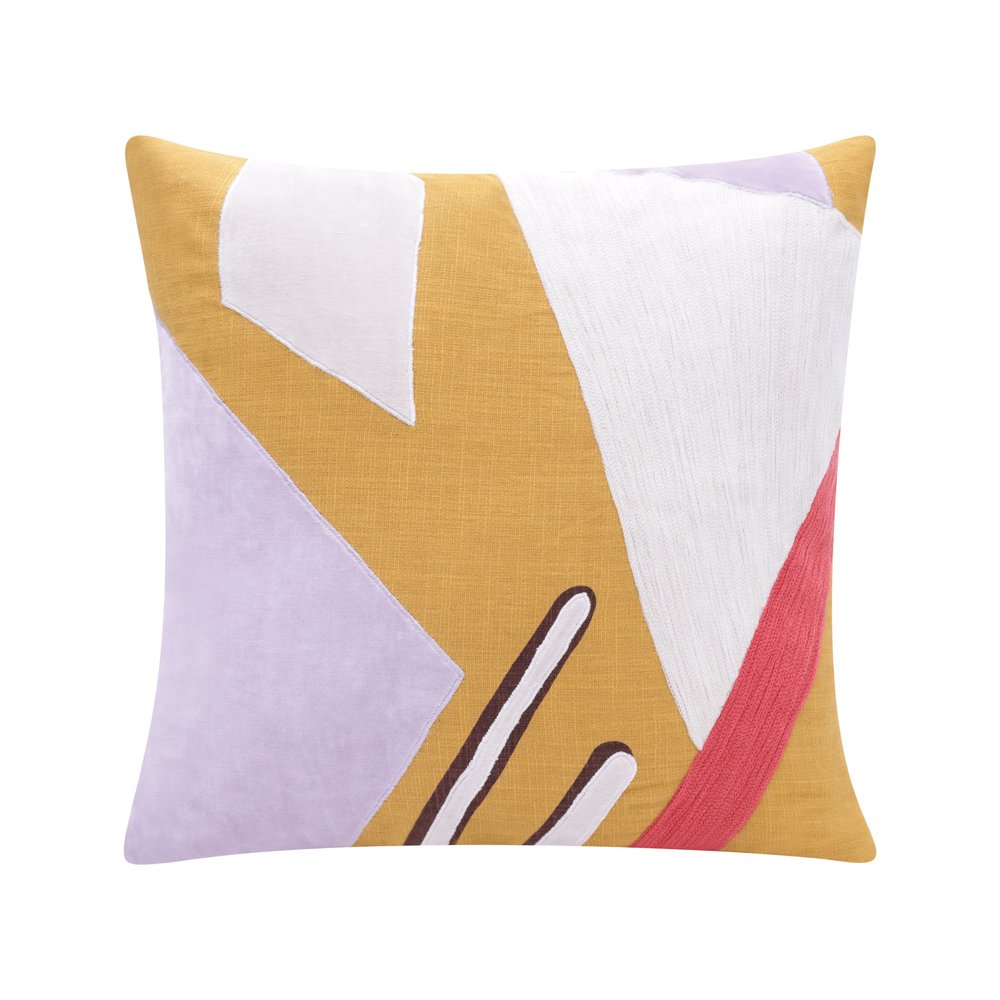 20" X 20" Yellow Purple Off-White And Coral 100% Cotton Abstract Zippered Pillow