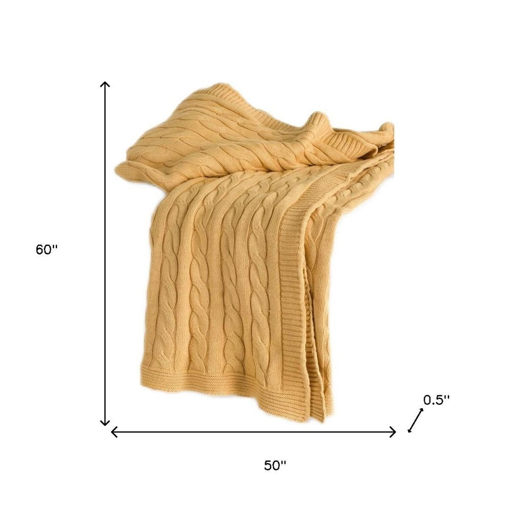 50" X 60" Yellow Cotton Cable Knitted Throw Throw Blanket