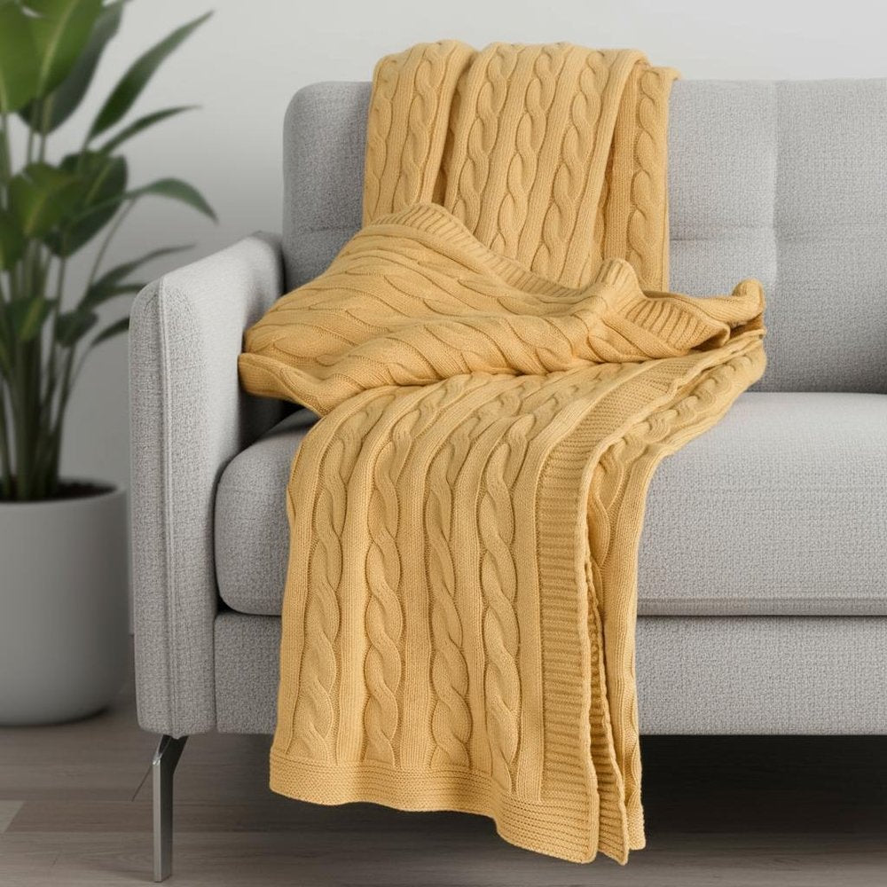 50" X 60" Yellow Cotton Cable Knitted Throw Throw Blanket
