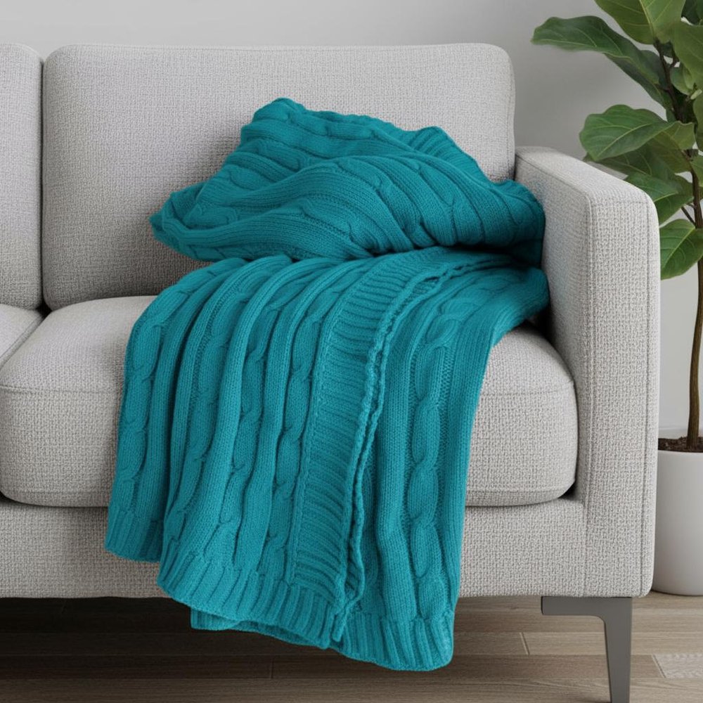 50" X 60" Teal Blue Cotton Cable Knitted Striped Throw Blanket
