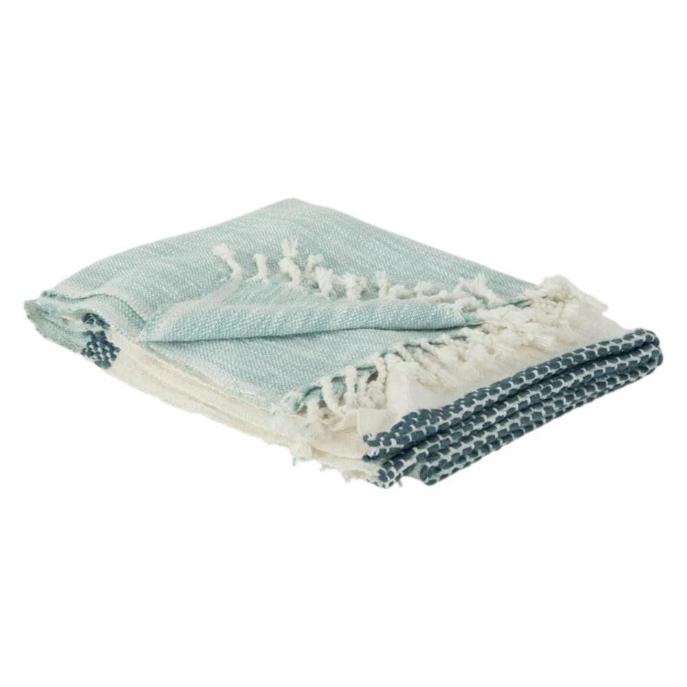 50" X 60" Teal Blue And Ivory Color Block Cotton Throw Blanket with Fringe