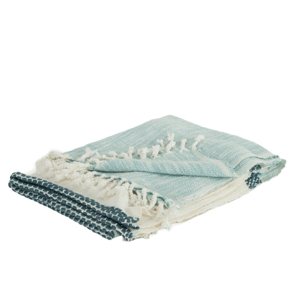 50" X 60" Blue Cotton Woven Color Block Throw Blanket with Fringe