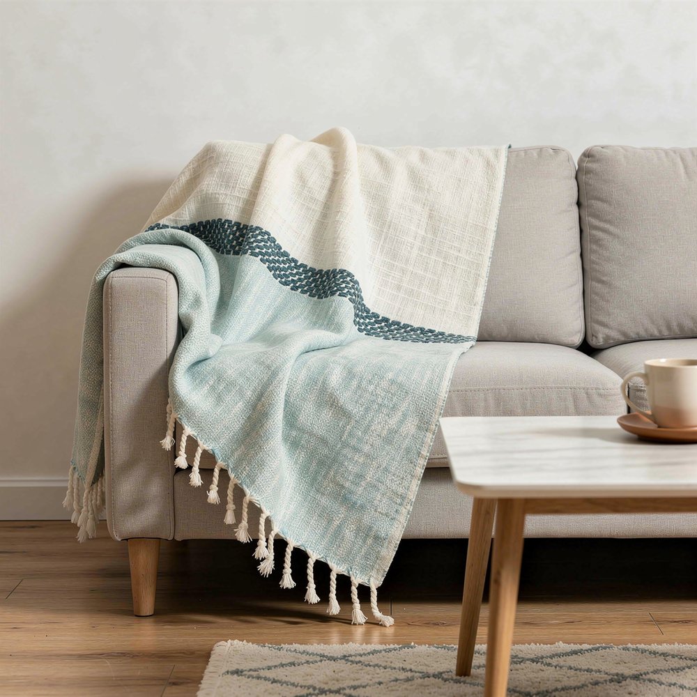 50" X 60" Blue Cotton Woven Color Block Throw Blanket with Fringe