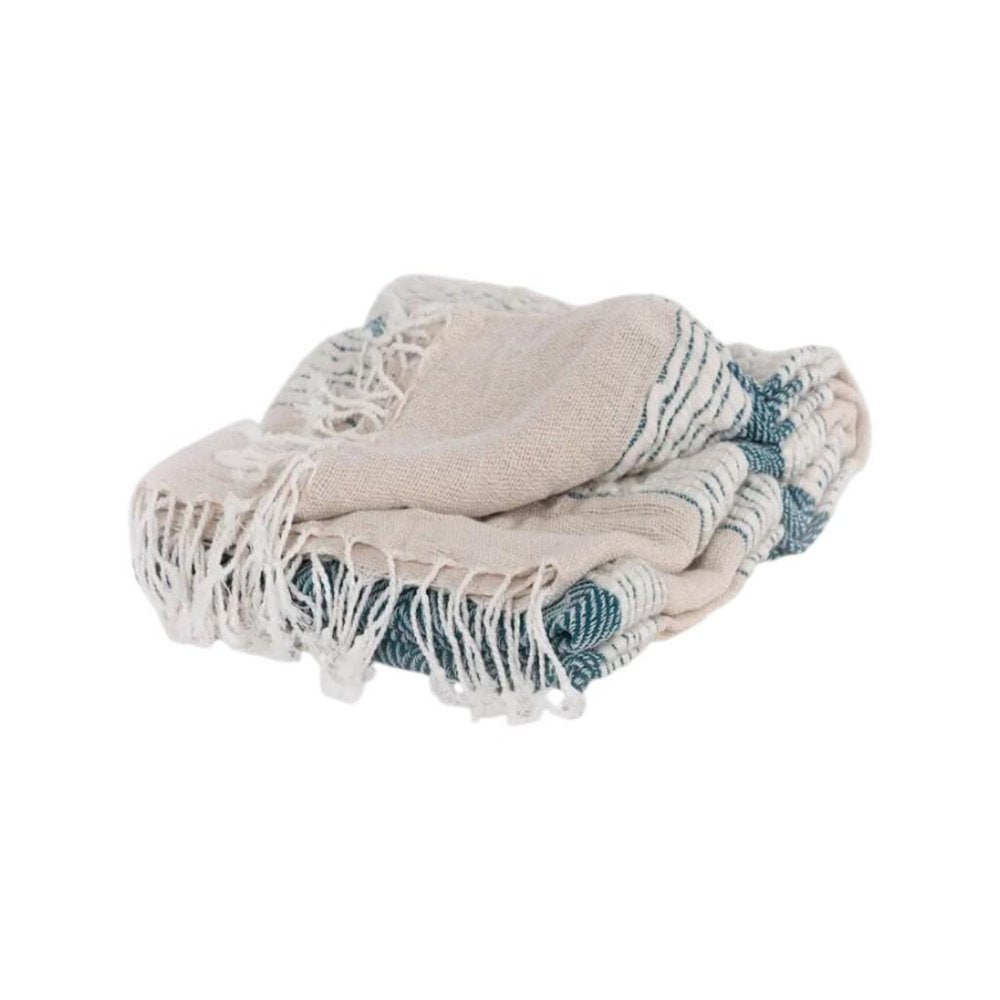 50" X 60" Teal And Blue Cotton Woven Striped Throw Blanket with Fringe
