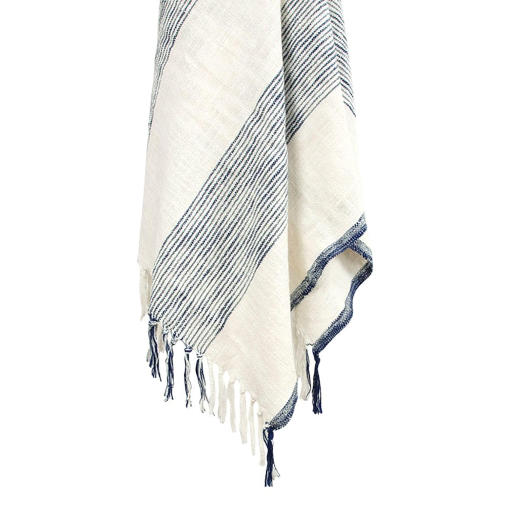 50" X 60" Blue And Ivory Cotton Woven Striped Throw Blanket with Fringe