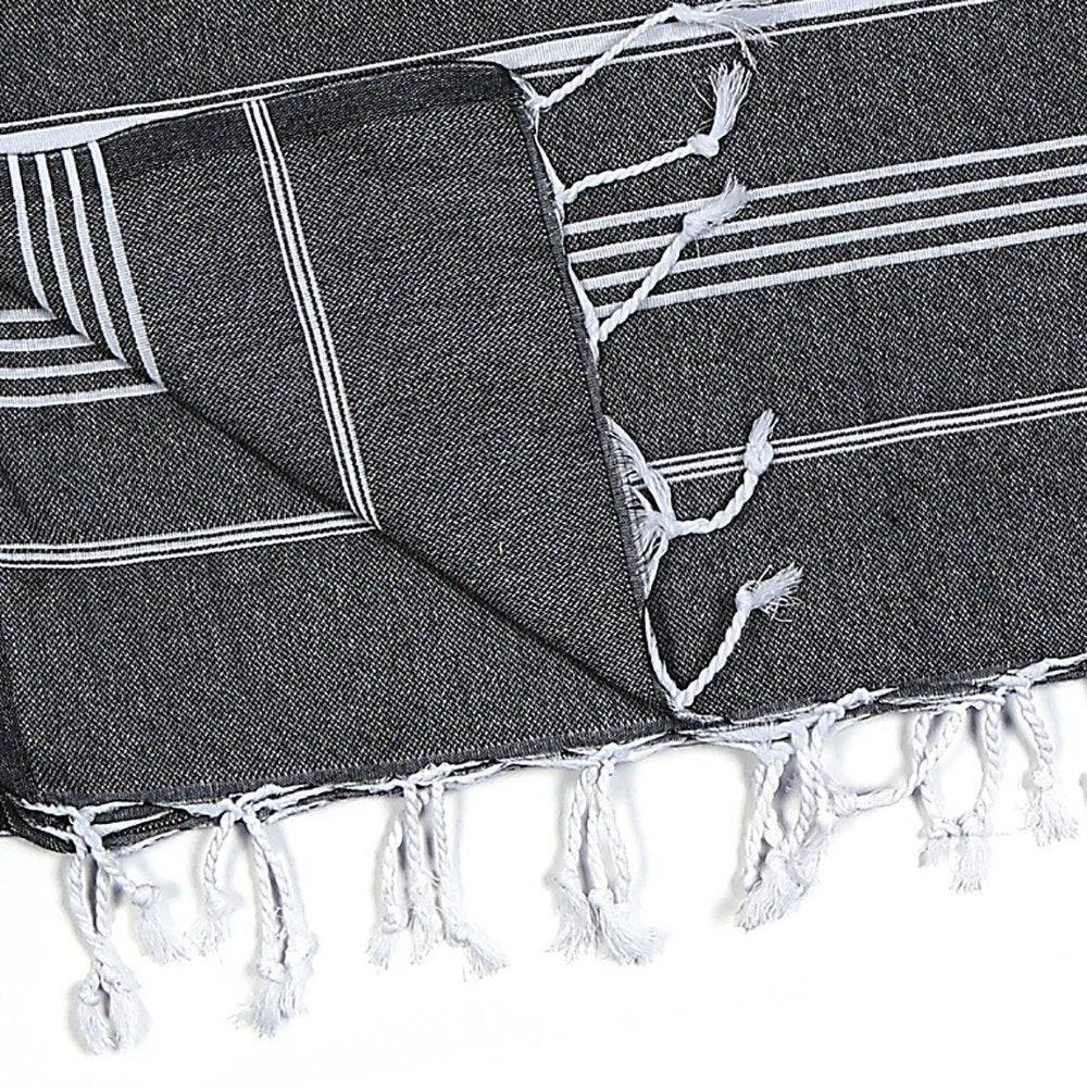 39" X 71" White and Black Cotton Turkish Towel Throw Blanket with Tassels