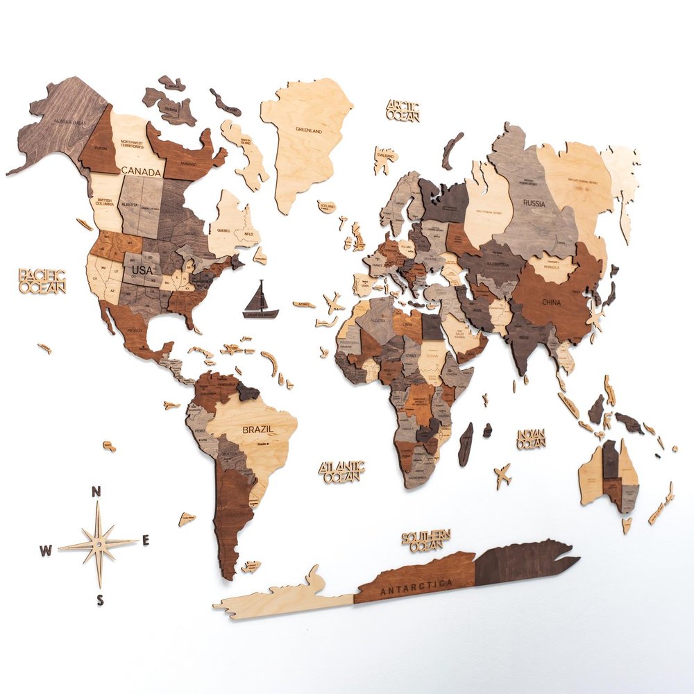 24" X 39" Brown and Beige Wood World Map Hanging Dimensional Sculpture