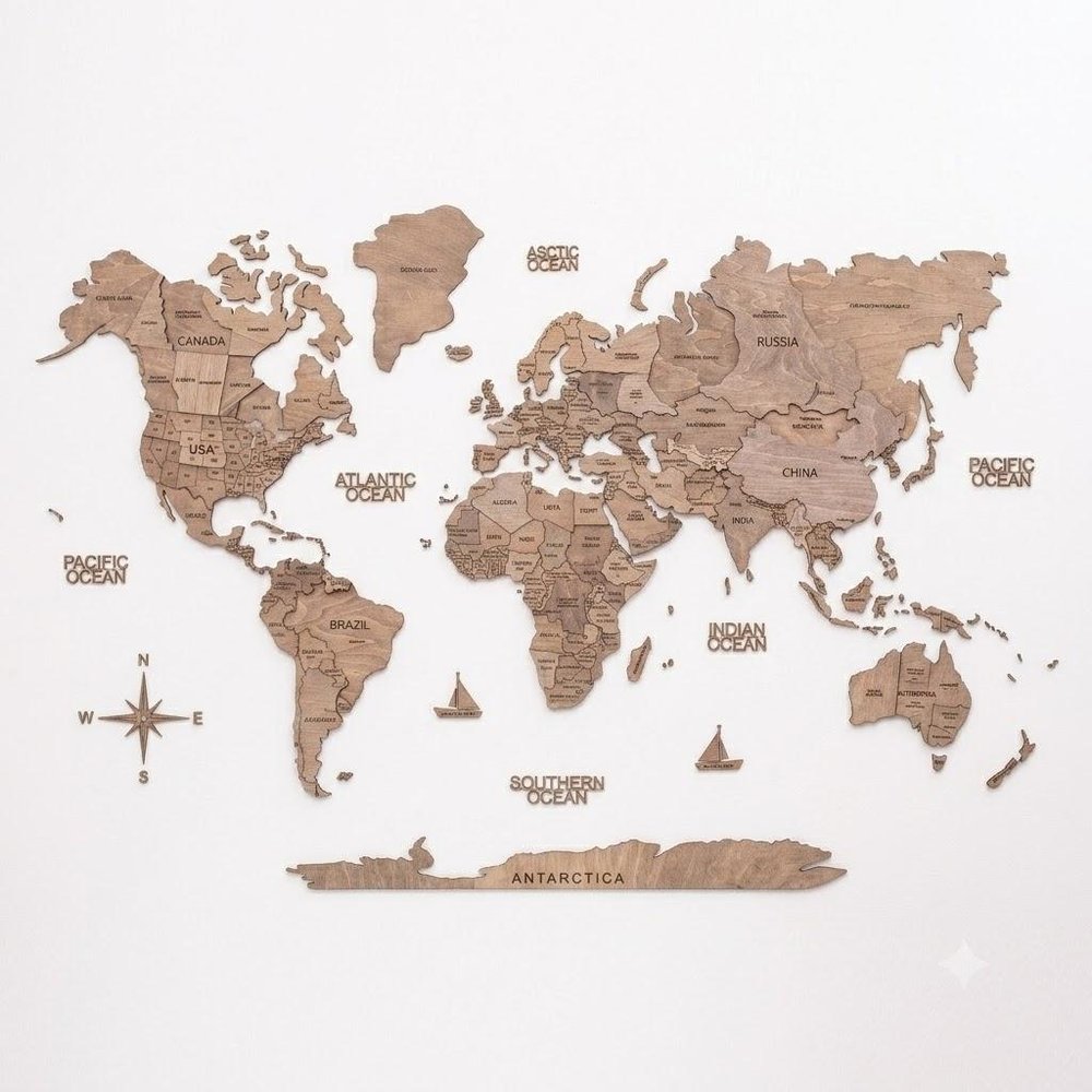 47" X 79" Brown World Map Hanging Dimensional Sculpture
