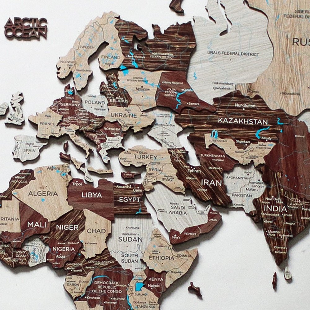 35" X 59" Beige And Brown World Map Hanging Dimensional Sculpture
