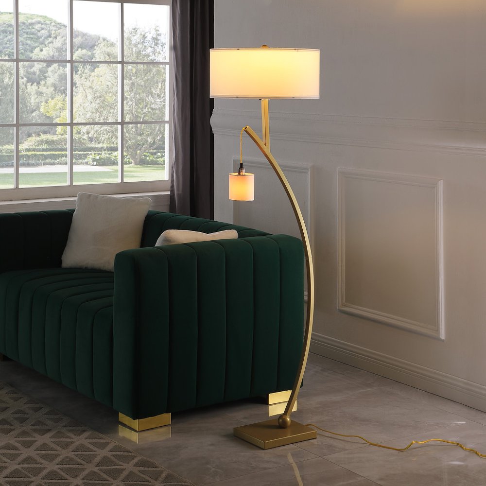 59" Gold And White Arc Floor Lamp With White Fabric Drum Shade