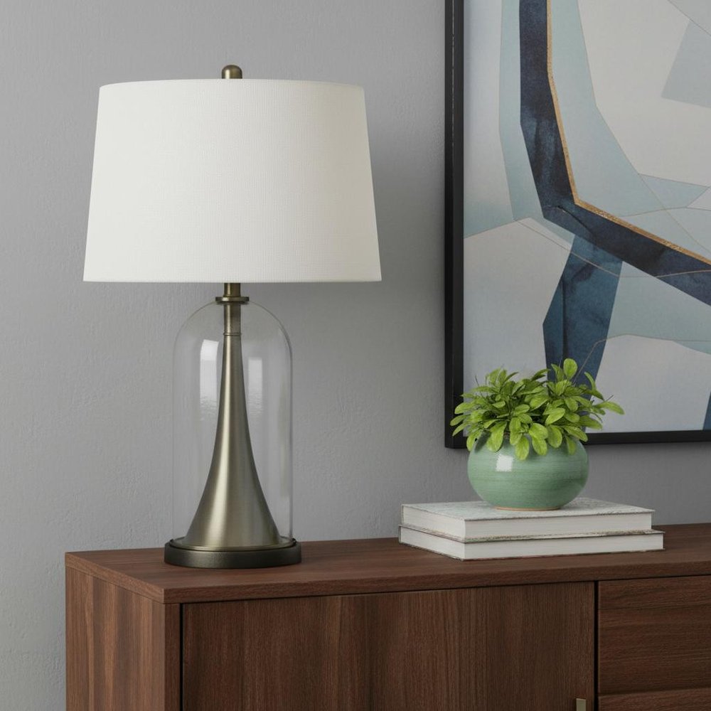29" Clear Metal Table Lamp With White Empire Shade