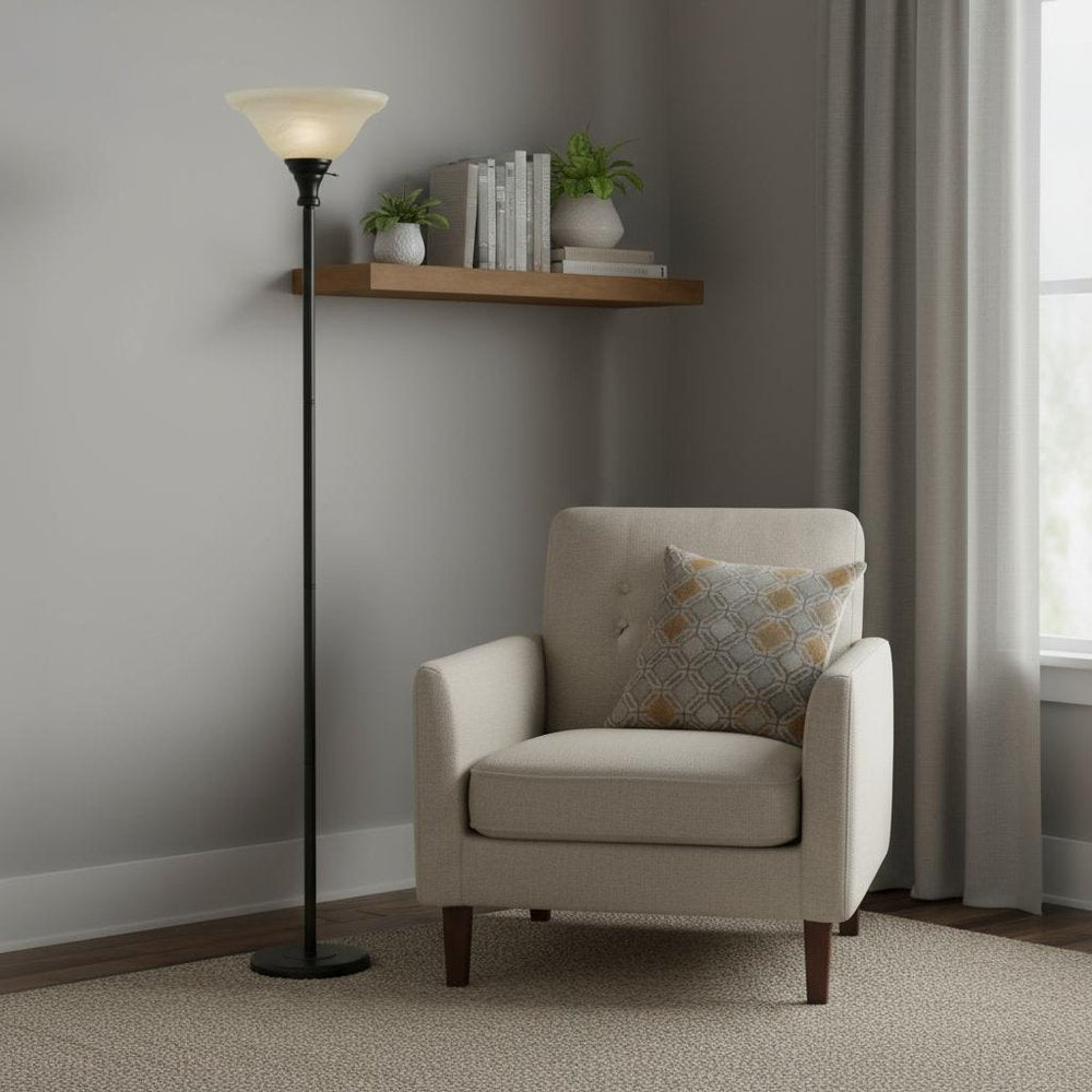 71" Bronze Torchiere Floor Lamp With Beige Frosted Glass Dome Shade