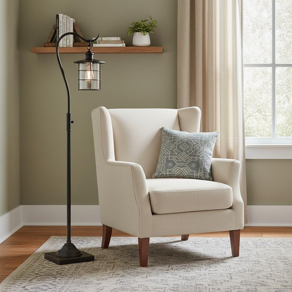 60" Antiqued Bronze Lantern Style Floor Lamp With Glass and Metal Shade