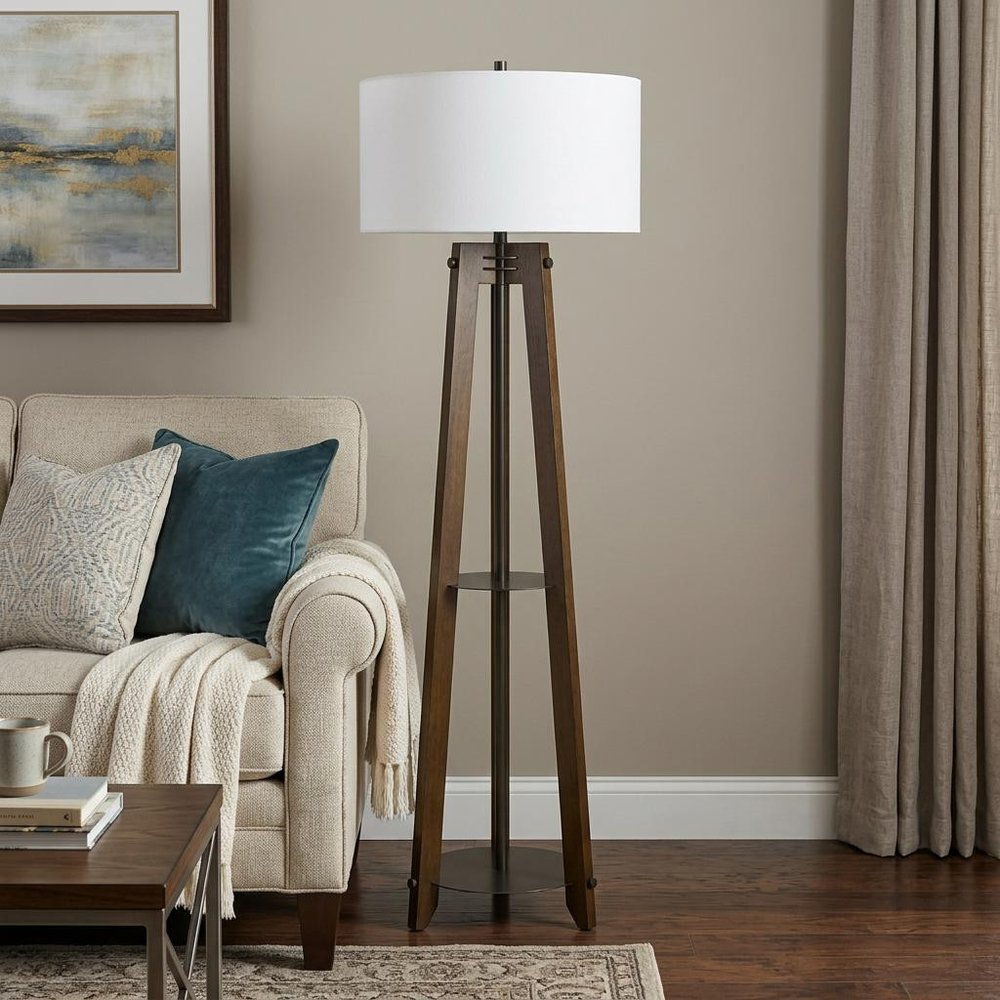 65" Brown Tripod Floor Lamp With White Rectangular Shade