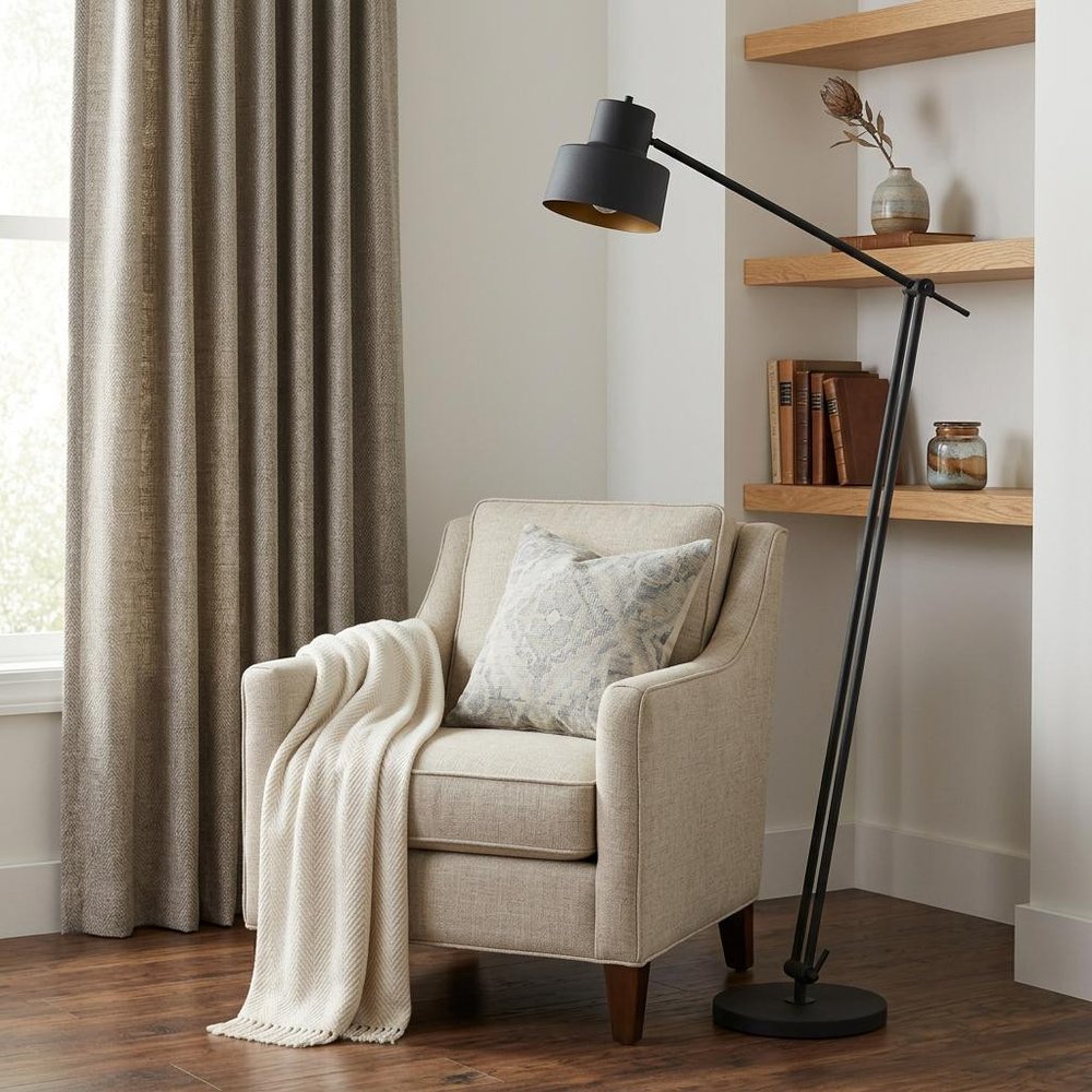 65" Black Adjustable Traditional Shaped Floor Lamp With Black Dome Shade