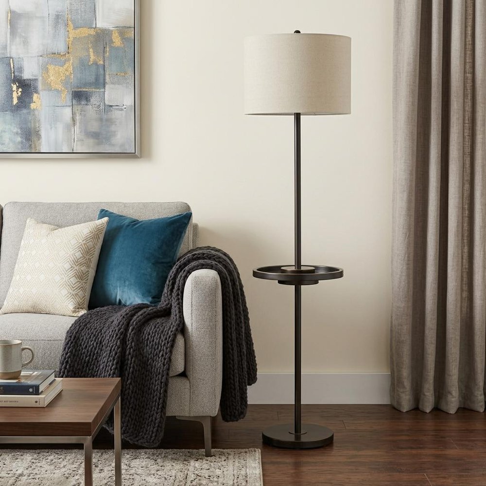 62" Bronze Tray Table Floor Lamp With Beige Drum Shade