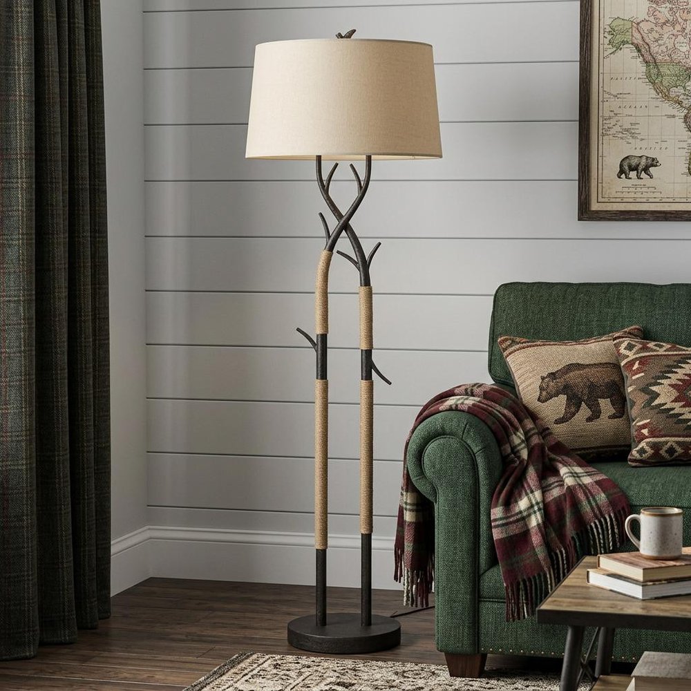 55" Black Metal Floor Lamp With Tan Linen Shade