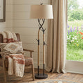 55" Black Metal Floor Lamp With Tan Linen Shade