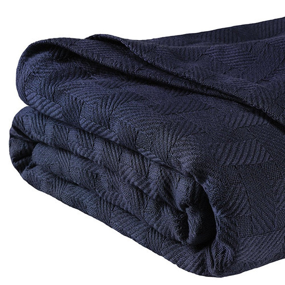 King Navy Blue Cotton Basketweave Geometric Blanket