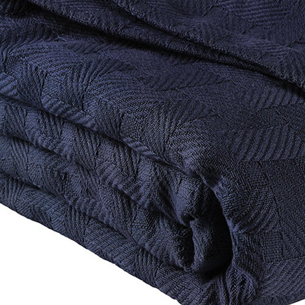 King Navy Blue Cotton Basketweave Geometric Blanket