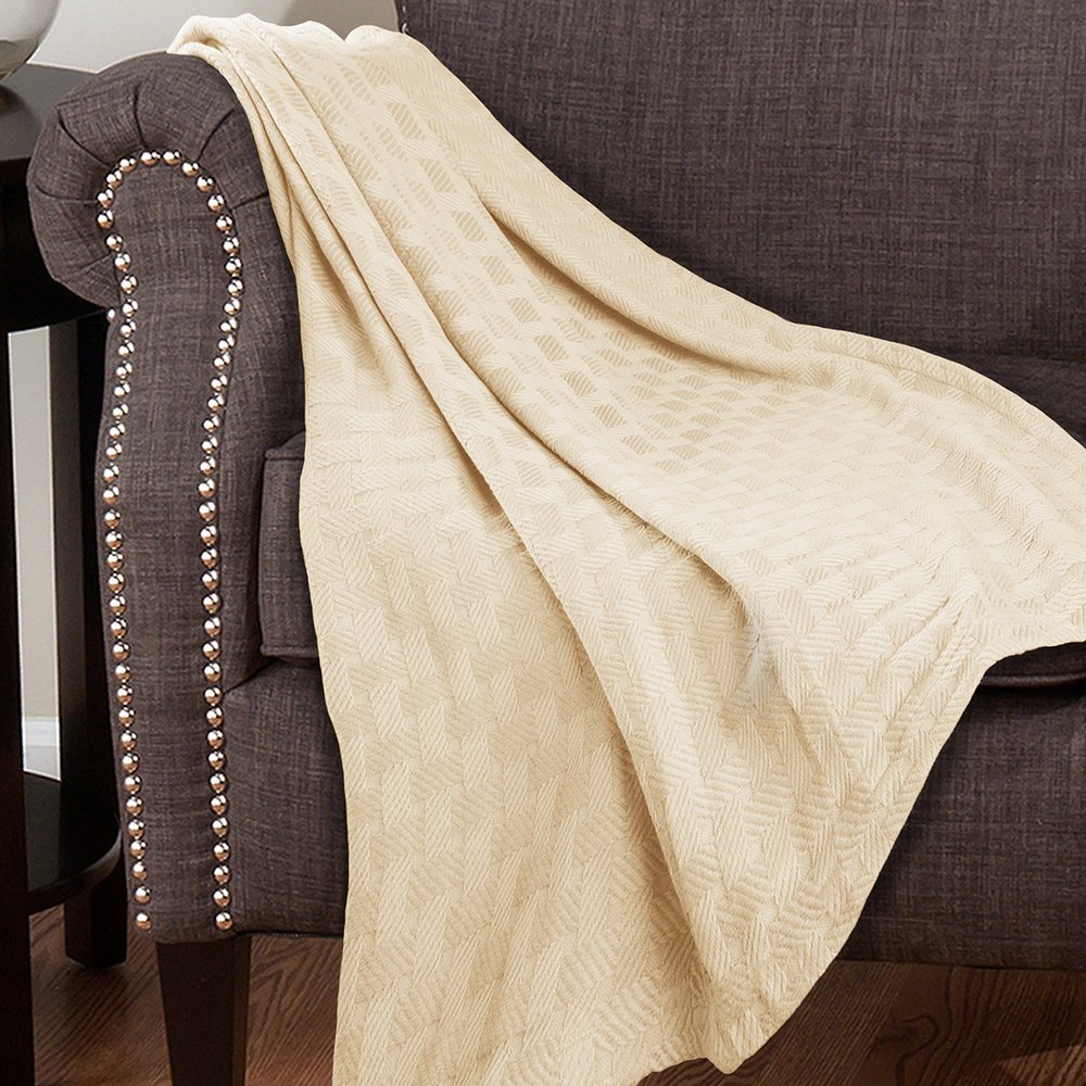 50" X 60" Ivory Cotton Basketweave Geometric Throw Blanket