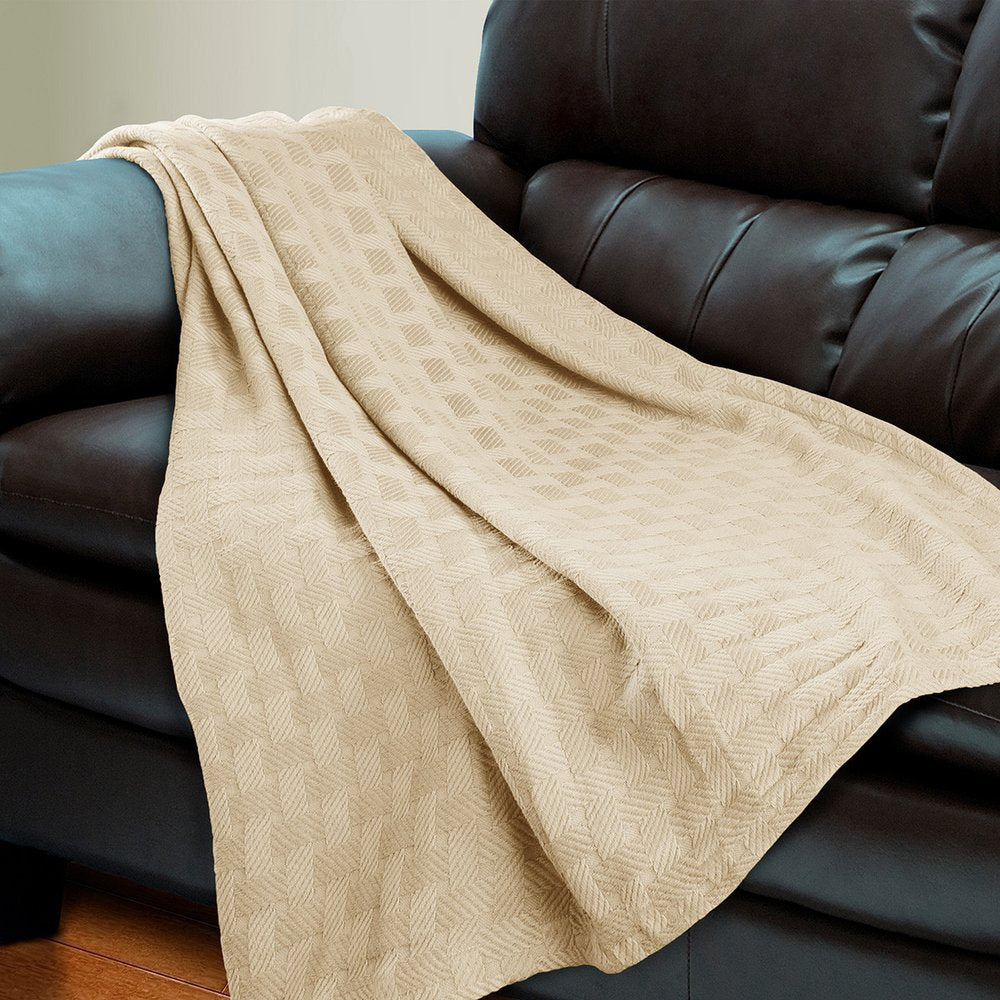 50" X 60" Ivory Cotton Basketweave Geometric Throw Blanket