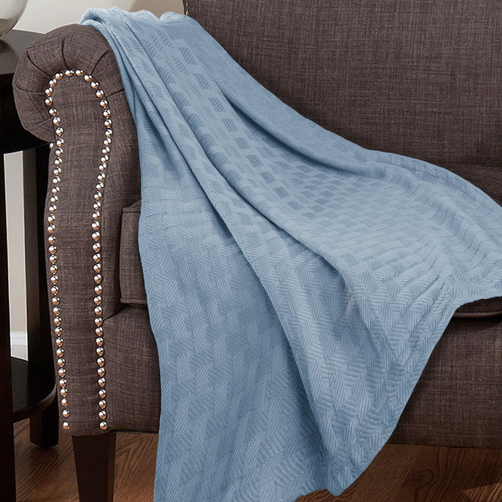 50" X 60" Light Blue Cotton Basketweave Geometric Throw Blanket