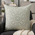 22" Beige and Green Damask Linen Blend Throw Pillow with Embroidery and Applique