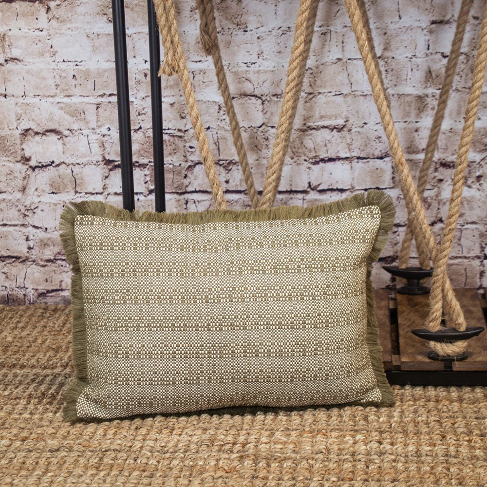 14" X 20" Green and White Cotton Lumbar Throw Pillow with Fringe
