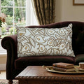 14" X 24" Brown and White Cotton Lumbar Throw Pillow with Embroidery