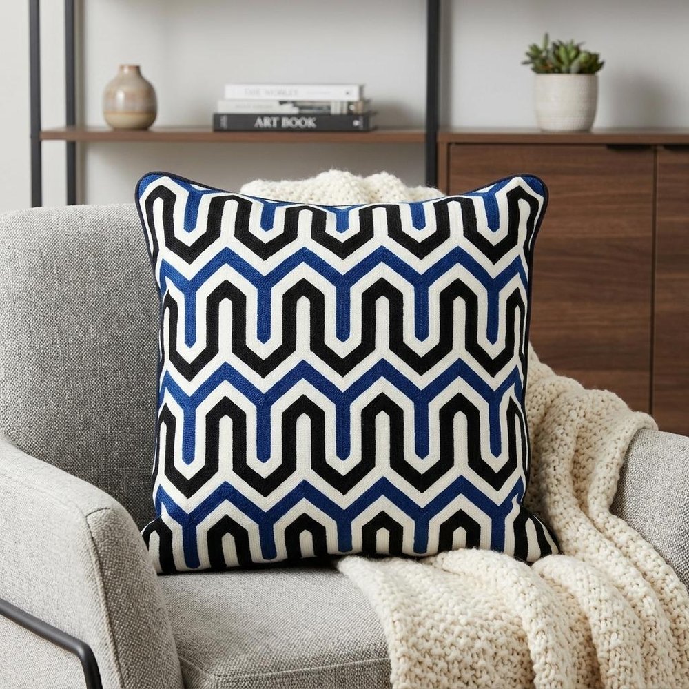 20" X 20" Blue and White Geometric Cotton Zippered Pillow