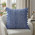 18" Blue and White Weave Cotton Throw Pillow With Pom Poms