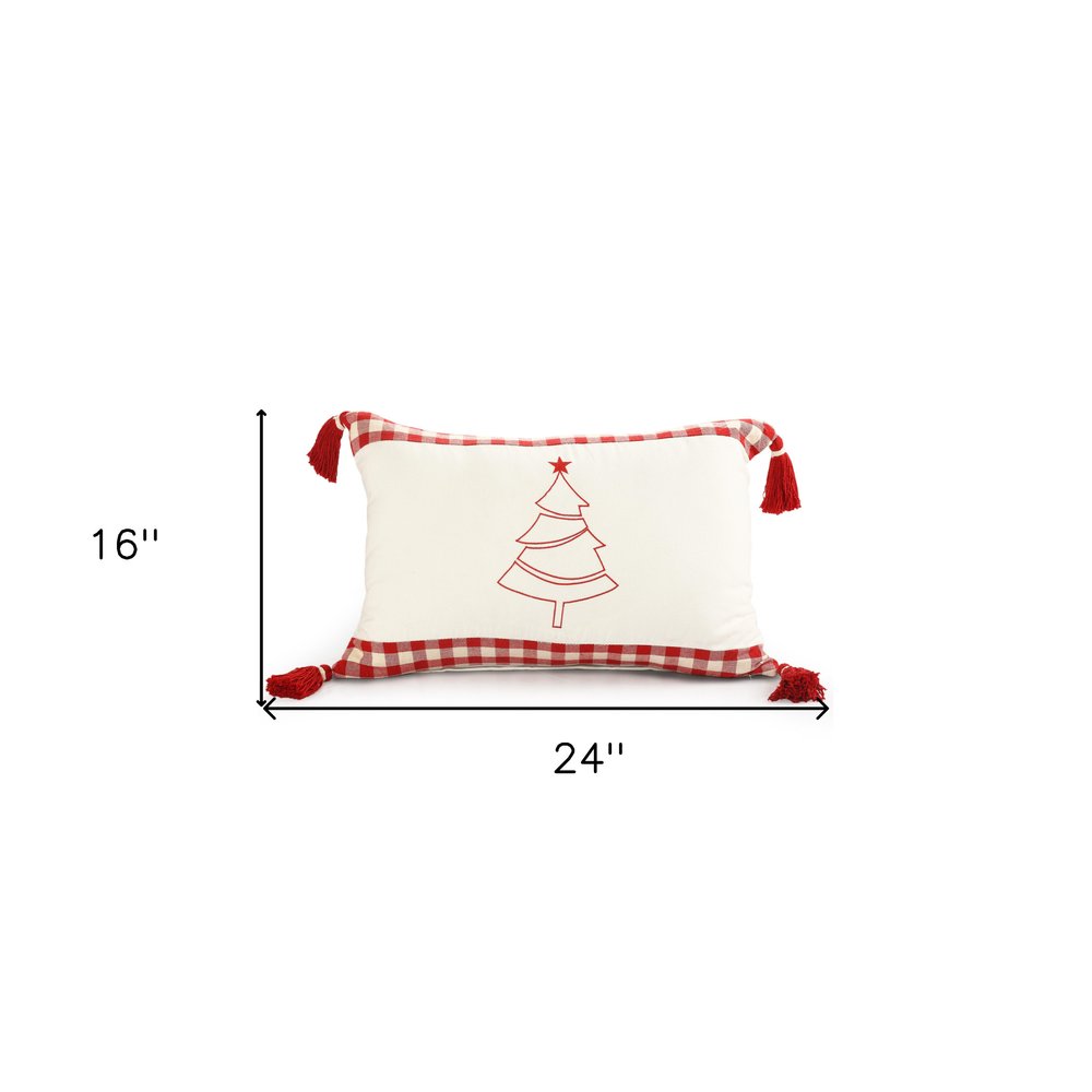16" X 24" Red and White Christmas Tree Cotton Zippered Pillow With Tassels