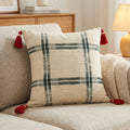 20" Ivory And Green Christmas Plaid Cotton Throw Pillow with Tassels