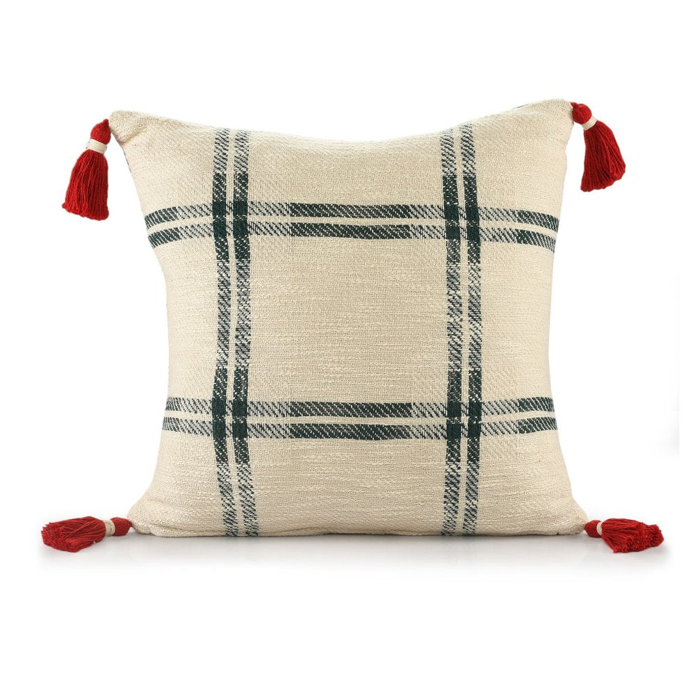 20" Ivory And Green Christmas Plaid Cotton Throw Pillow with Tassels