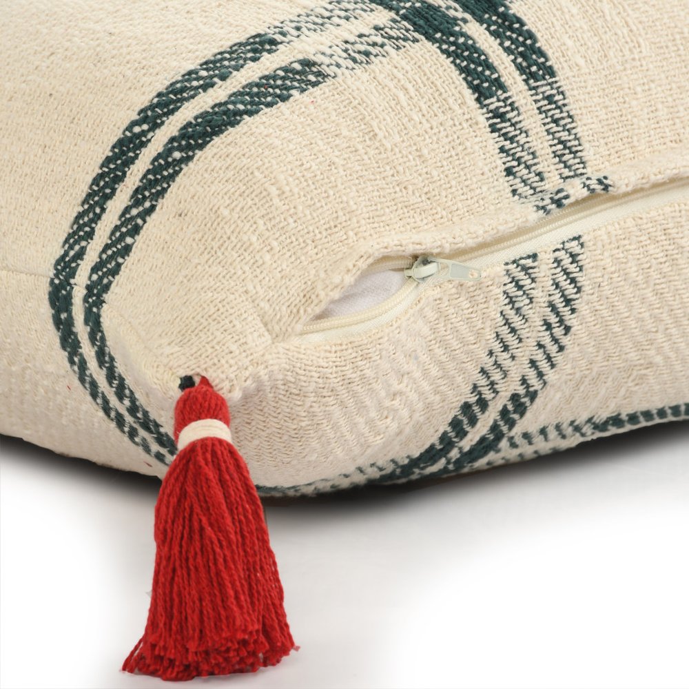 20" Ivory And Green Christmas Plaid Cotton Throw Pillow with Tassels