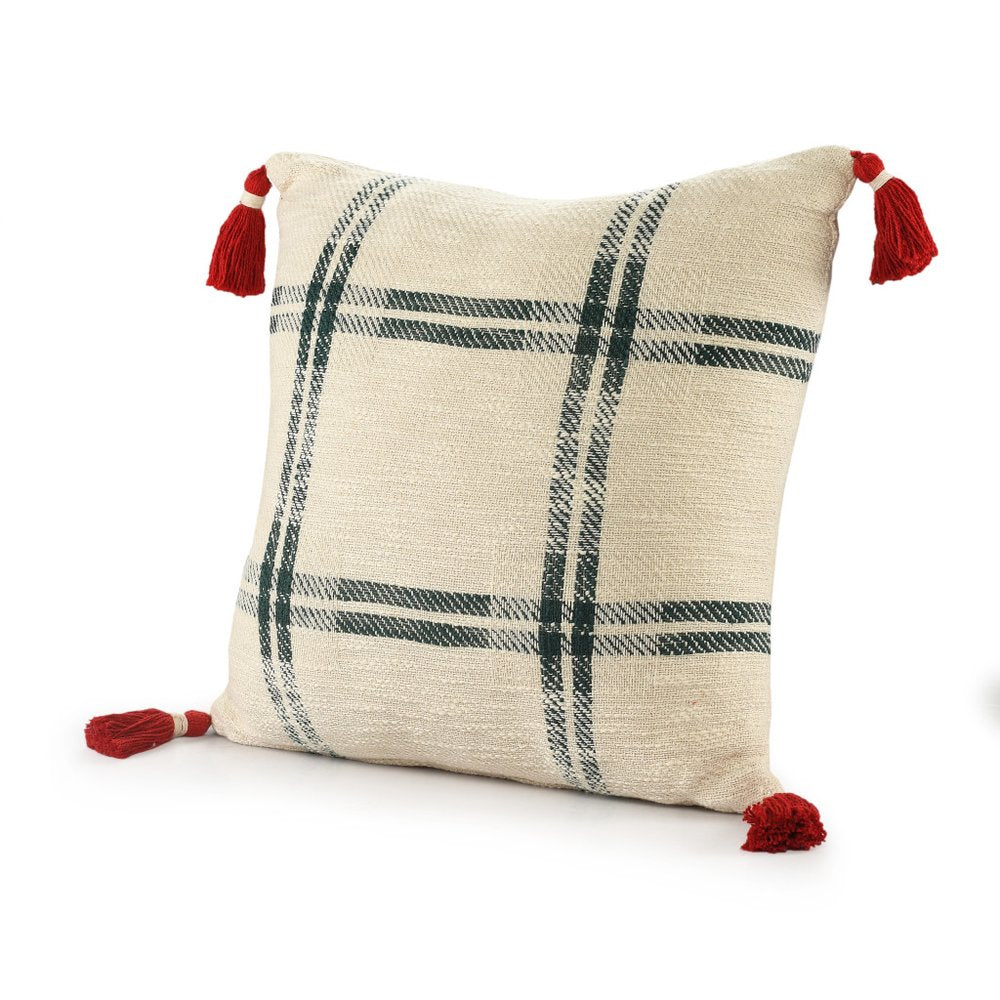 20" Ivory And Green Christmas Plaid Cotton Throw Pillow with Tassels
