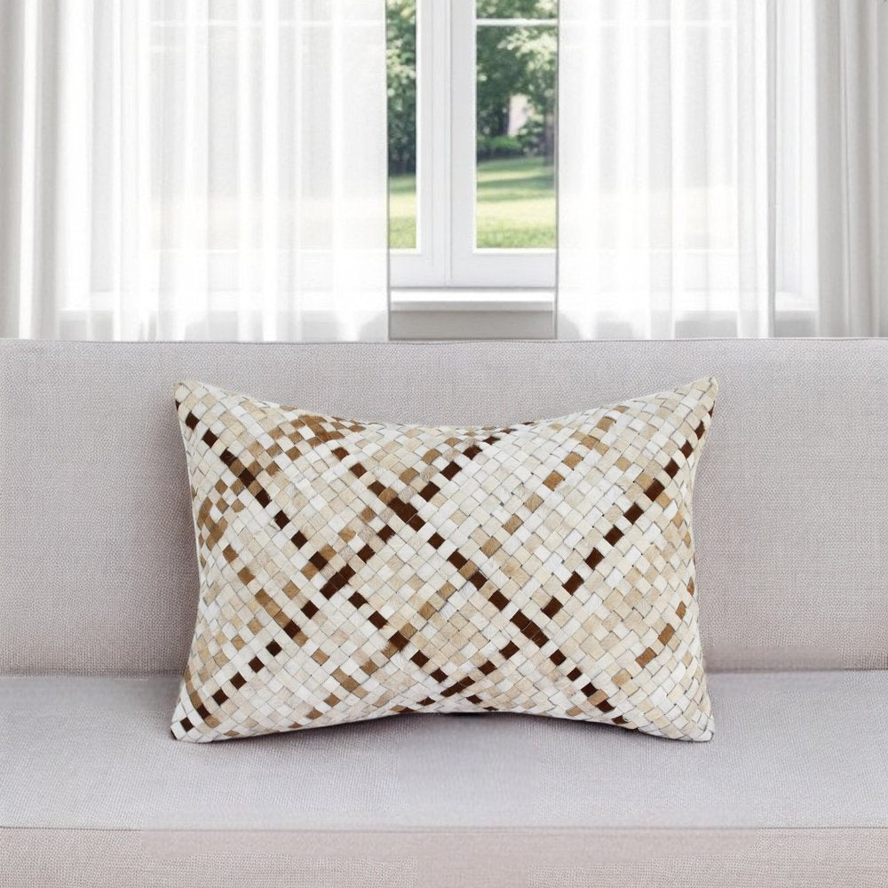 16" X 24" Brown and Ivory Check Faux Leather Zippered Pillow