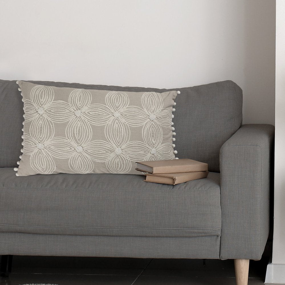 Beige and Ivory Throw Pillow with Embroidery