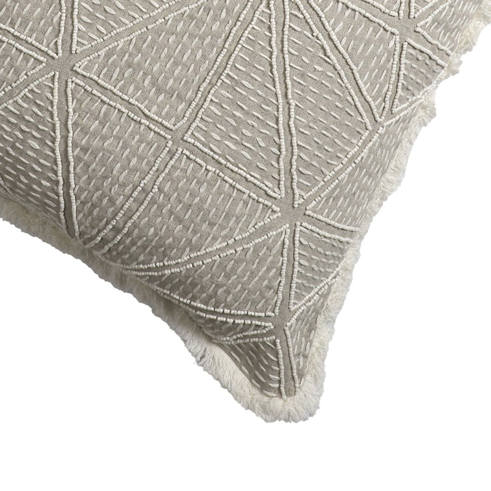 20" Beige and Ivory Throw Pillow with Embroidery and Fringe