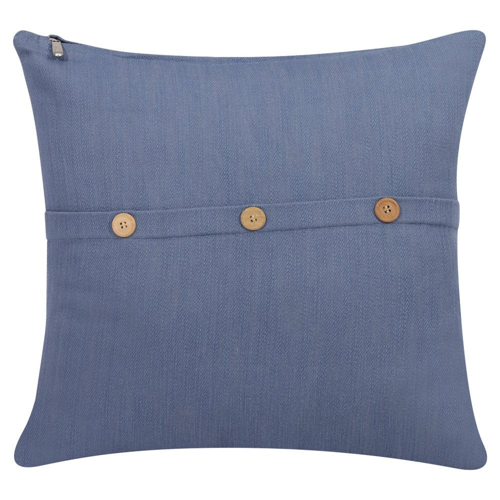 20" Blue Cotton Throw Pillow With Buttons