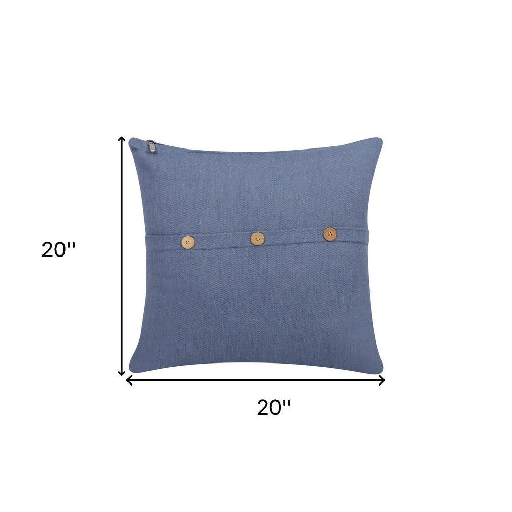 20" Blue Cotton Throw Pillow With Buttons
