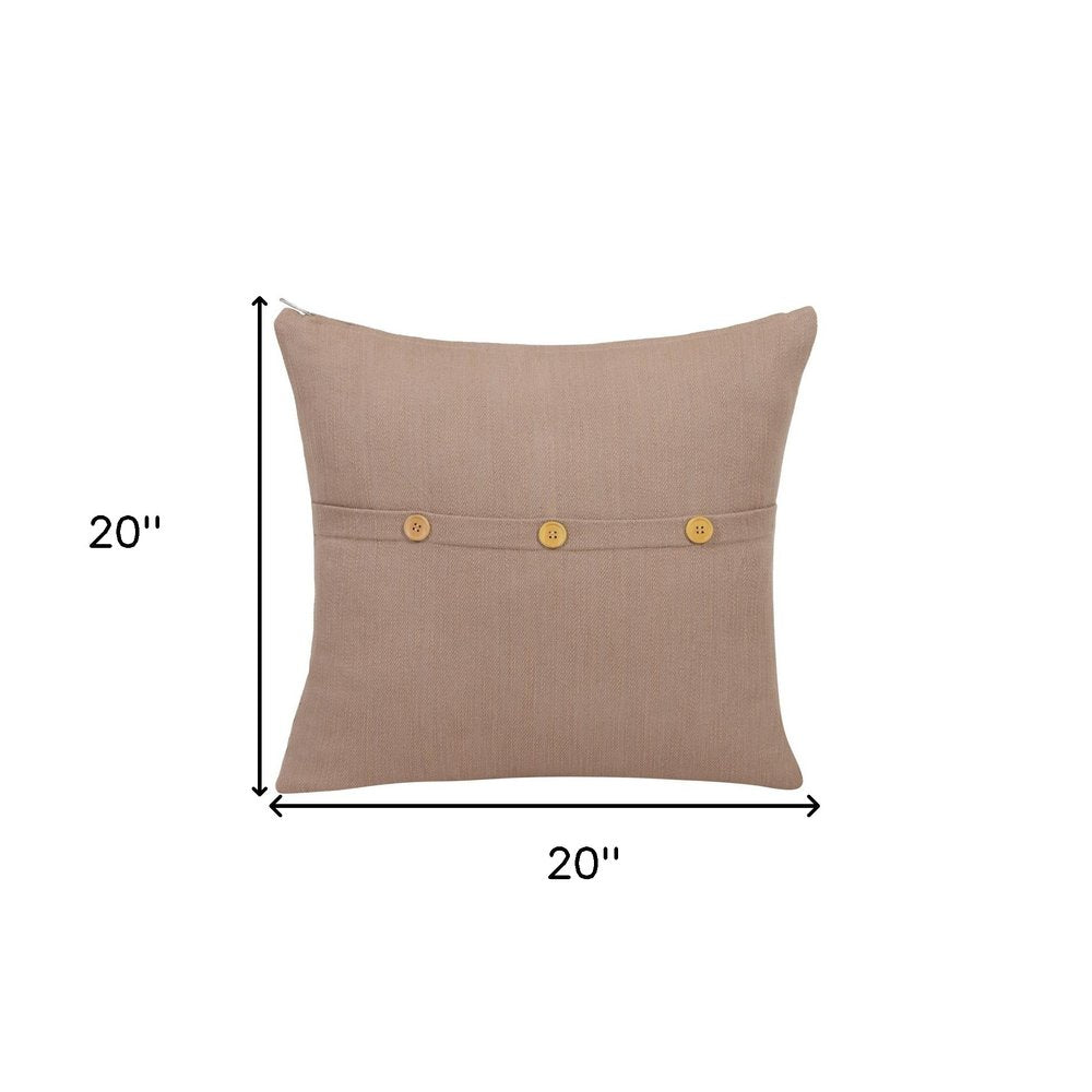 20" Brown Cotton Throw Pillow With Buttons