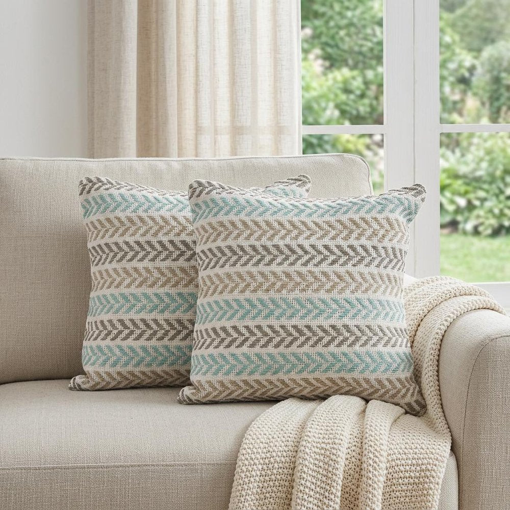 Set of Two 18" X 18" Blue Beach Chevron Cotton Zippered Pillow