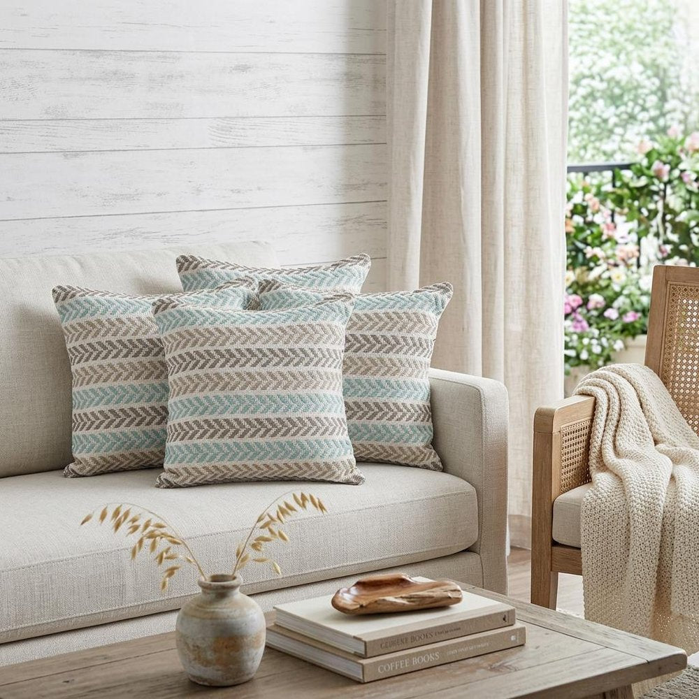 Set of Four 18" X 18" Blue Beach Chevron Cotton Zippered Pillow