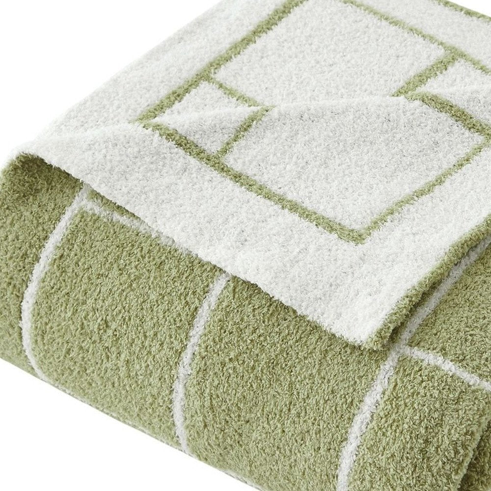 50" X 60" Green and White Fleece Knitted Geometric Plush Throw Blanket