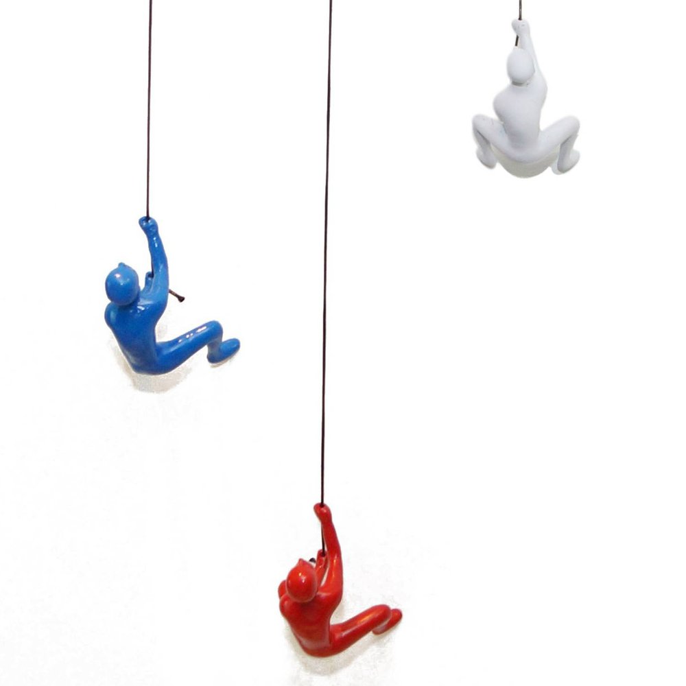Set of Three Blue Red And White Resin Climbing Man Hanging Dimensional Sculpture