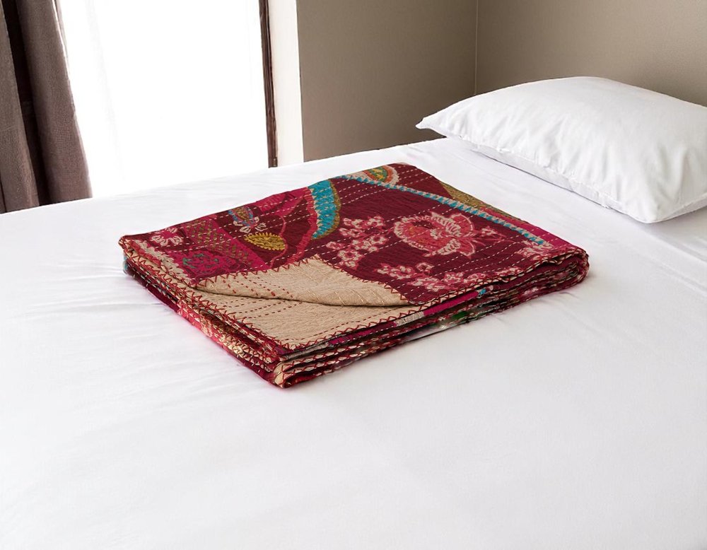 50" X 70" Red Floral Cotton Quilted Kantha Throw Blanket with Embroidery