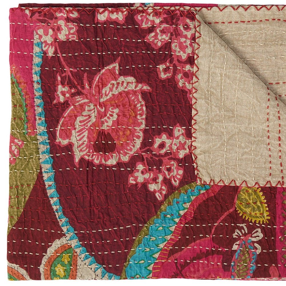 50" X 70" Red Floral Cotton Quilted Kantha Throw Blanket with Embroidery